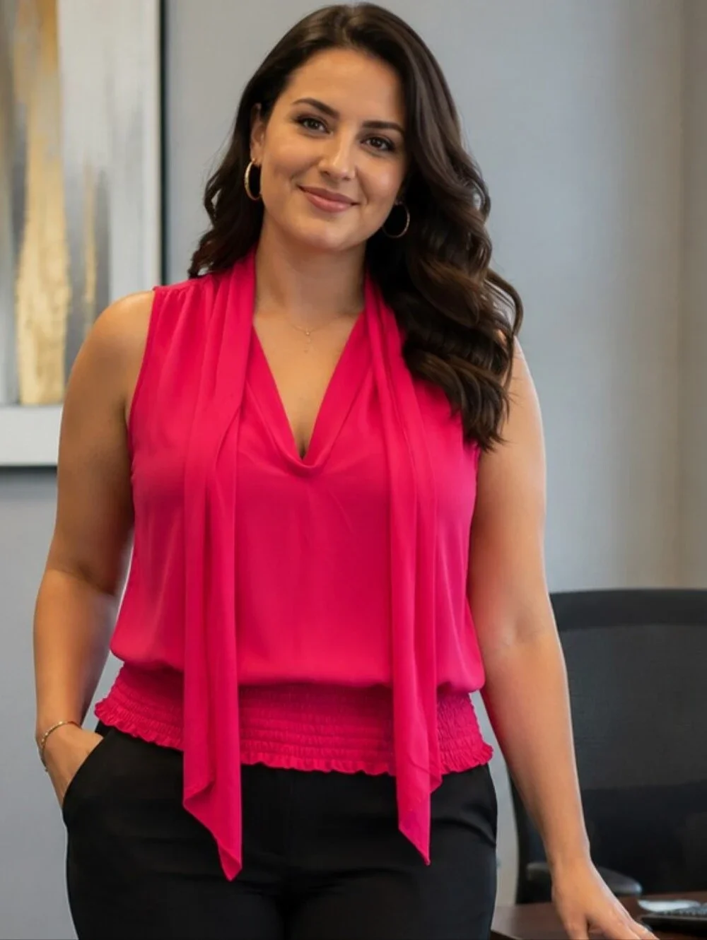 Anthropologie Hot Pink Tie Neck Sleevless  Blouse. In EUC